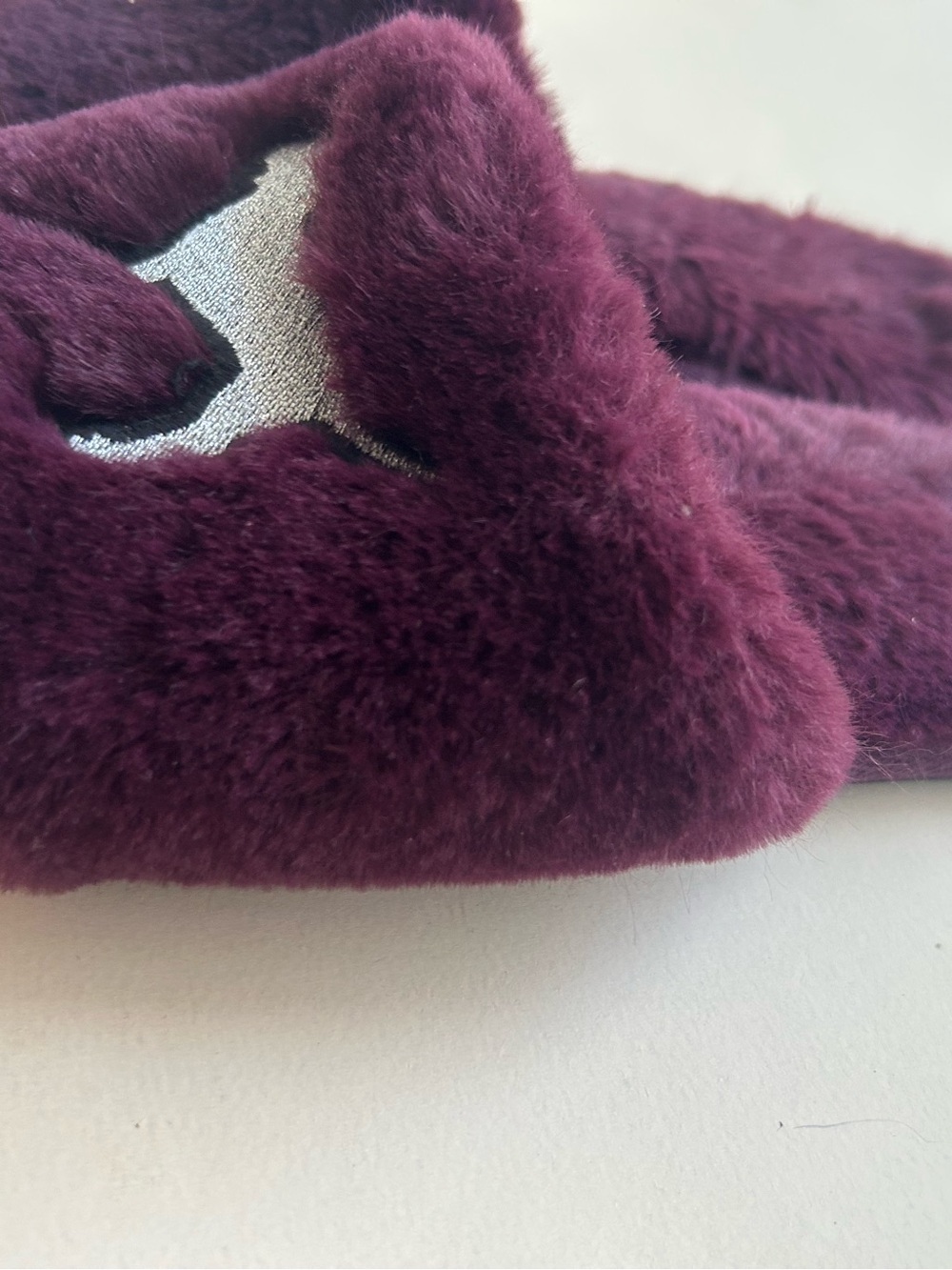 PINK Victoria's Secret Plush Slide Sandals in Deep Plum with Silver Dog Logo - Picture 3 of 8